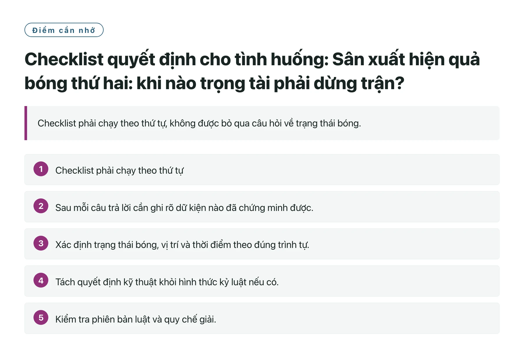Checklist quyết định cho tình huống: Sân xuất hiện quả bóng thứ hai: khi nào trọng tài phải dừng trận?——全文要点速览